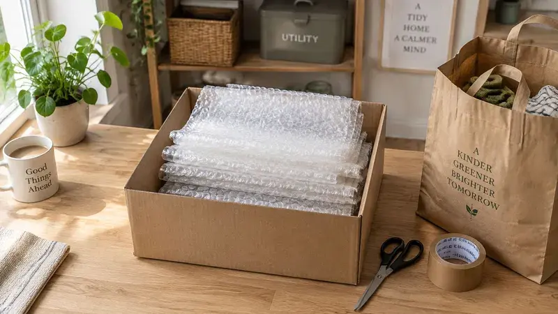 A cardboard box filled with bubble wrap on a wooden desk next to scissors and a bag.