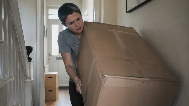 A person struggling while carrying a large, heavy cardboard moving box through a dimly lit hallway.