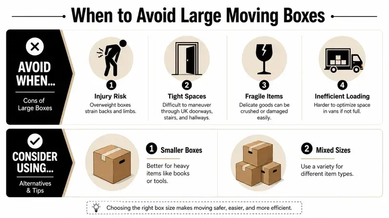 An infographic showing when to avoid large moving boxes and tips for choosing the right box sizes.