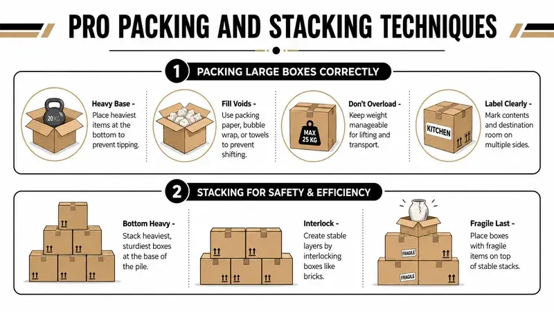 An infographic titled Pro Packing and Stacking Techniques providing tips for packing large moving boxes correctly.