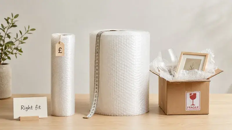 A roll of bubble wrap, measuring tape, and a fragile package on a wooden desk, emphasizing sizing options.