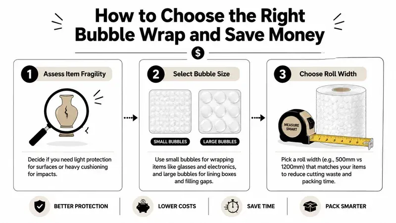 An infographic titled How to Choose the Right Bubble Wrap and Save Money with three numbered steps.