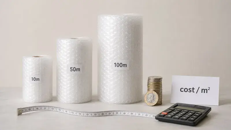 Three rolls of bubble wrap in different lengths displayed with coins and a calculator for cost analysis