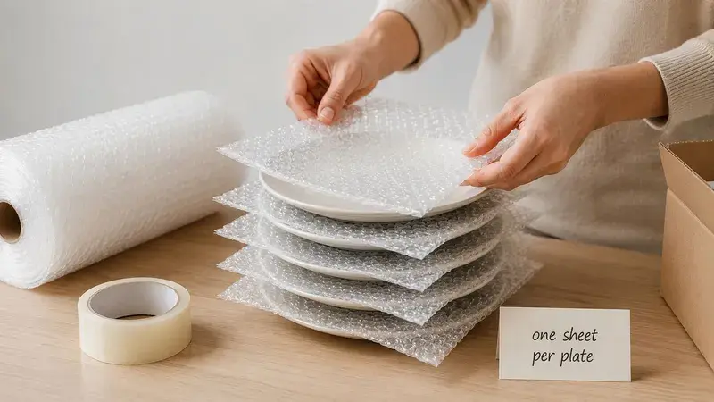 A person carefully wrapping white ceramic plates in bubble wrap for safe packing and shipping.