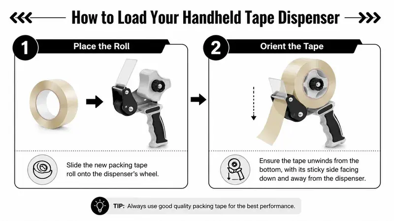 A step-by-step instructional graphic demonstrating how to properly load a handheld packing tape dispenser.