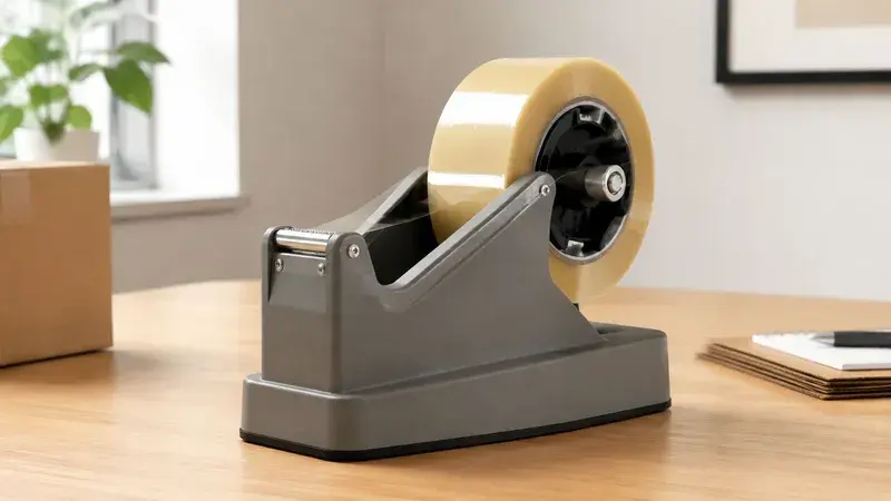 A gray industrial tape dispenser sitting on a wooden office desk next to a cardboard box.