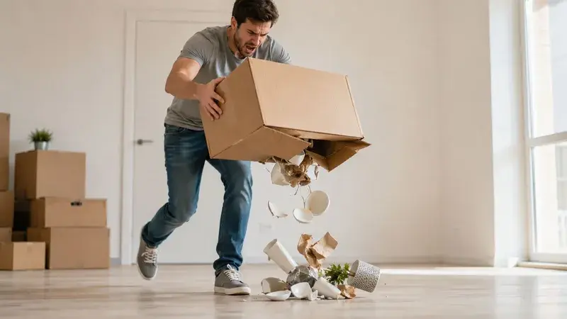 A frustrated man accidentally drops a cardboard moving box, causing household items to fall and shatter.