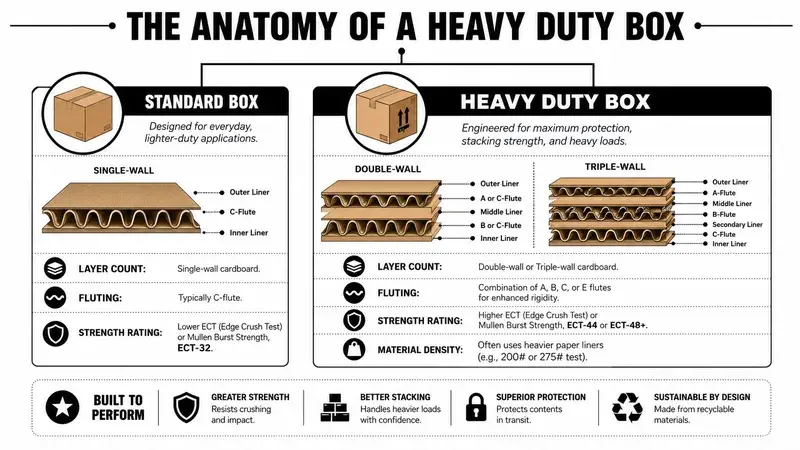 A detailed comparison chart showing the anatomy of standard versus heavy duty shipping boxes and construction differences.