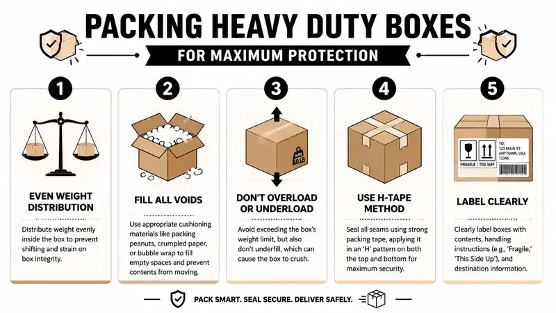 A step-by-step infographic illustrating five key tips for packing heavy duty boxes safely for shipping.