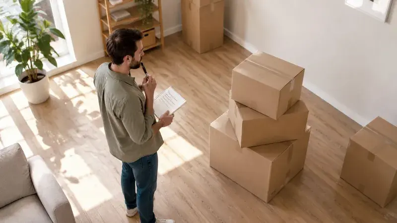 A man standing in a room with cardboard boxes while writing on a notebook during a move.