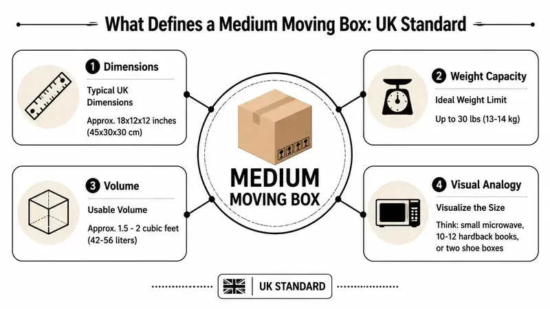 An infographic detailing the dimensions, weight capacity, volume, and size comparisons for a standard UK medium moving box.