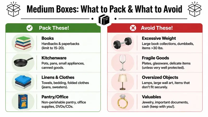 An infographic showing a list of items to pack and items to avoid when using medium boxes.