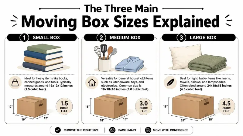 A visual guide illustrating the three main moving box sizes: small, medium, and large for home packing.