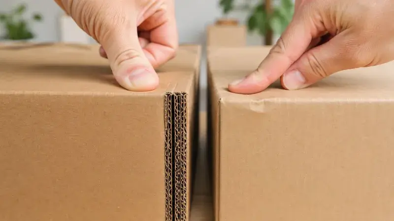 Close-up view of two hands pushing together cardboard moving boxes to compare their different sizes.