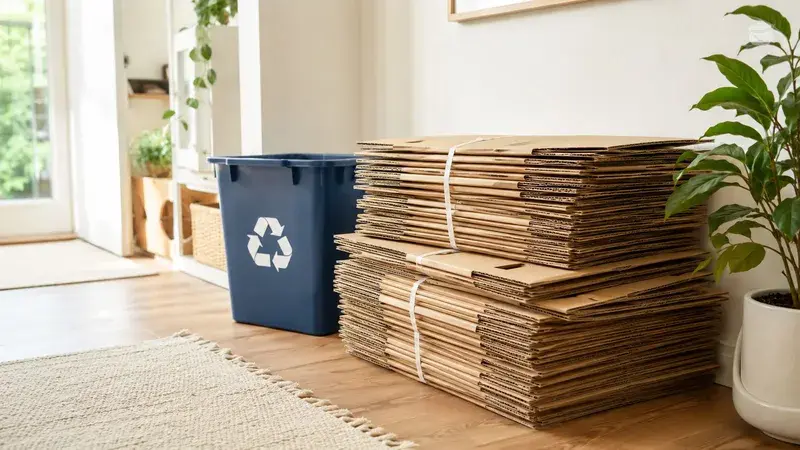 A stack of folded cardboard moving boxes placed next to a blue recycling bin on a wooden floor.