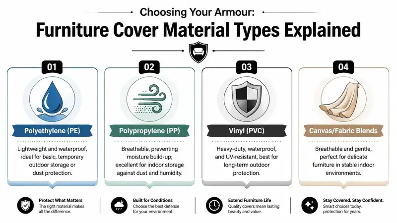 An infographic detailing four different types of furniture cover materials for protection and storage purposes.